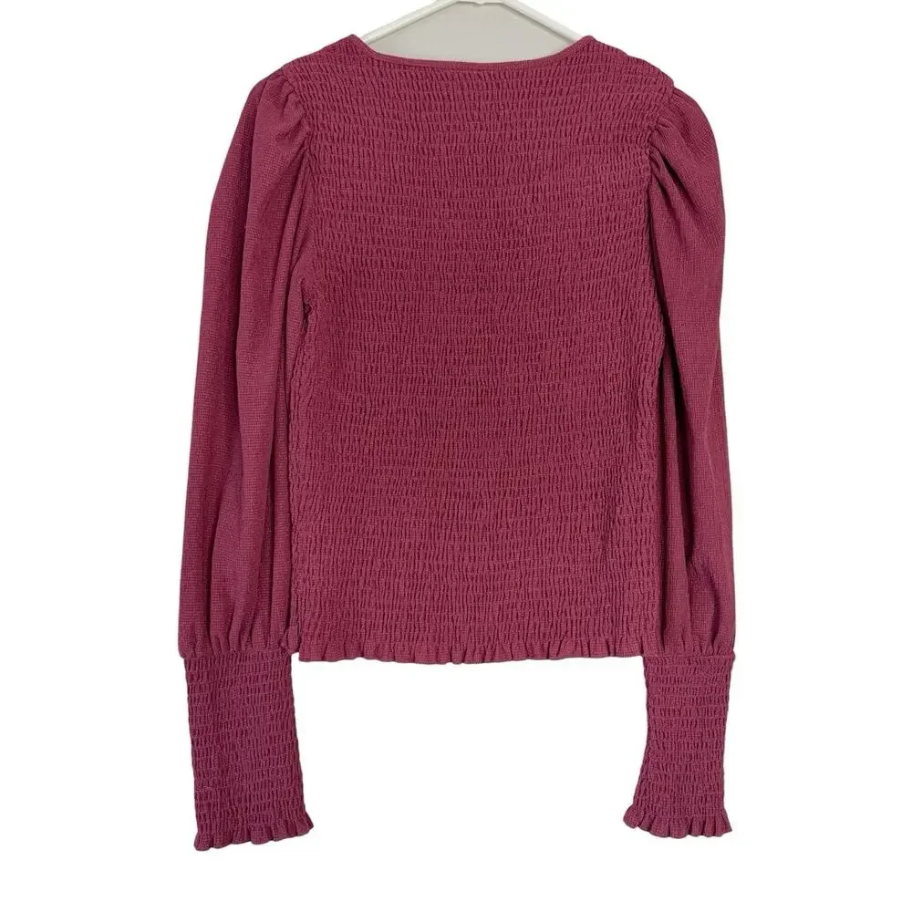 Anthropologie Smocked Stretch Burgundy Boho Peasant Blouse Women's Size Medium
